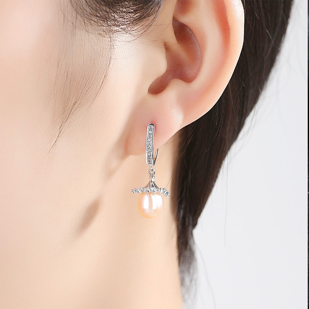925 Sterling Silver Natural Pearl Drop Huggie Earrings Fashion Jewelry Gift for Women Girls