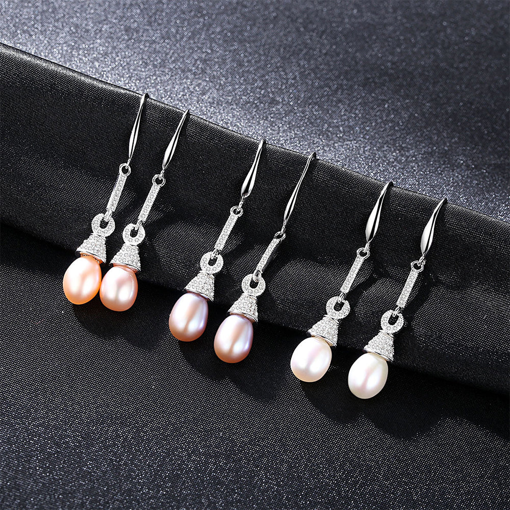 925 Sterling Silver Natural Pearl Drop Hook Earrings Fashion Jewelry Gift for Women Girls