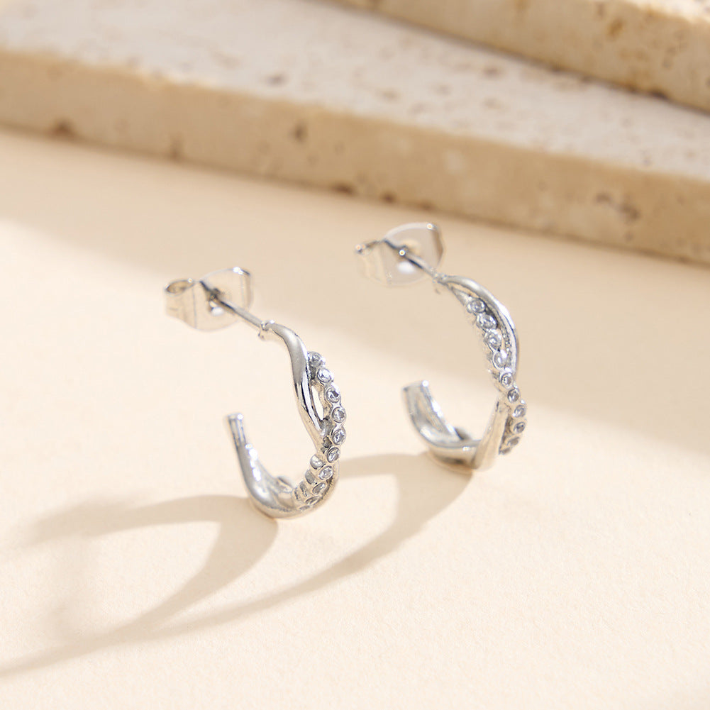 Silver Stainless Steel Twisted Open C Hoop Earrings Paved with Round CZ Gems