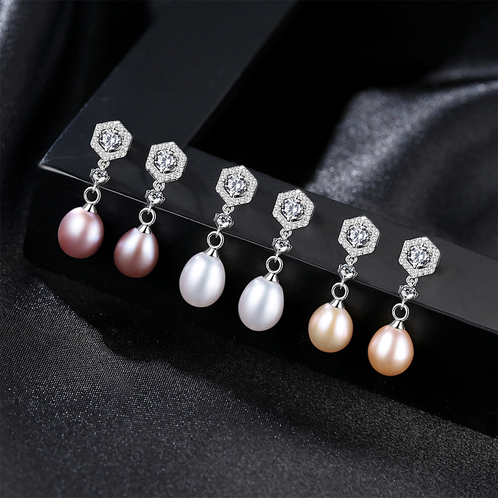 925 Sterling Silver Natural Pearl Drop Earrings Fashion Jewelry Gift for Women Girls