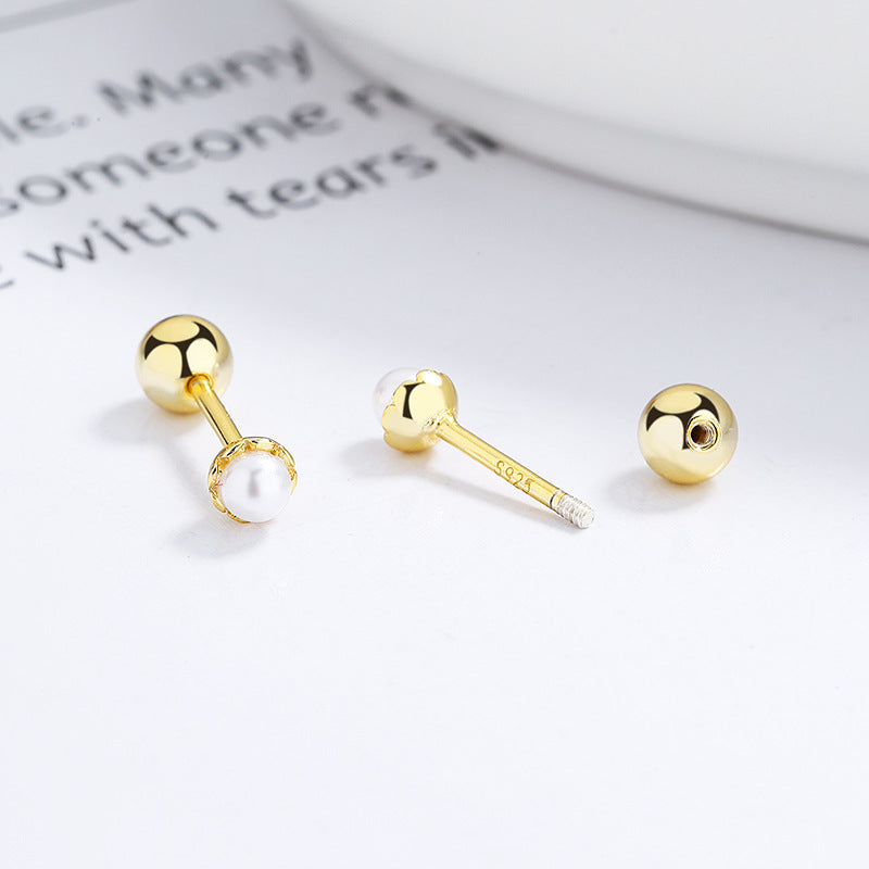 925 Sterling Silver Pearl Screw Back Stud Earrings