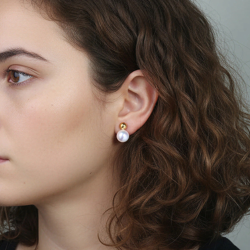 Gold Plated Stainless Steel Two-Ball Stud Earrings, Small Metal Ball and Large Imitation Pearl