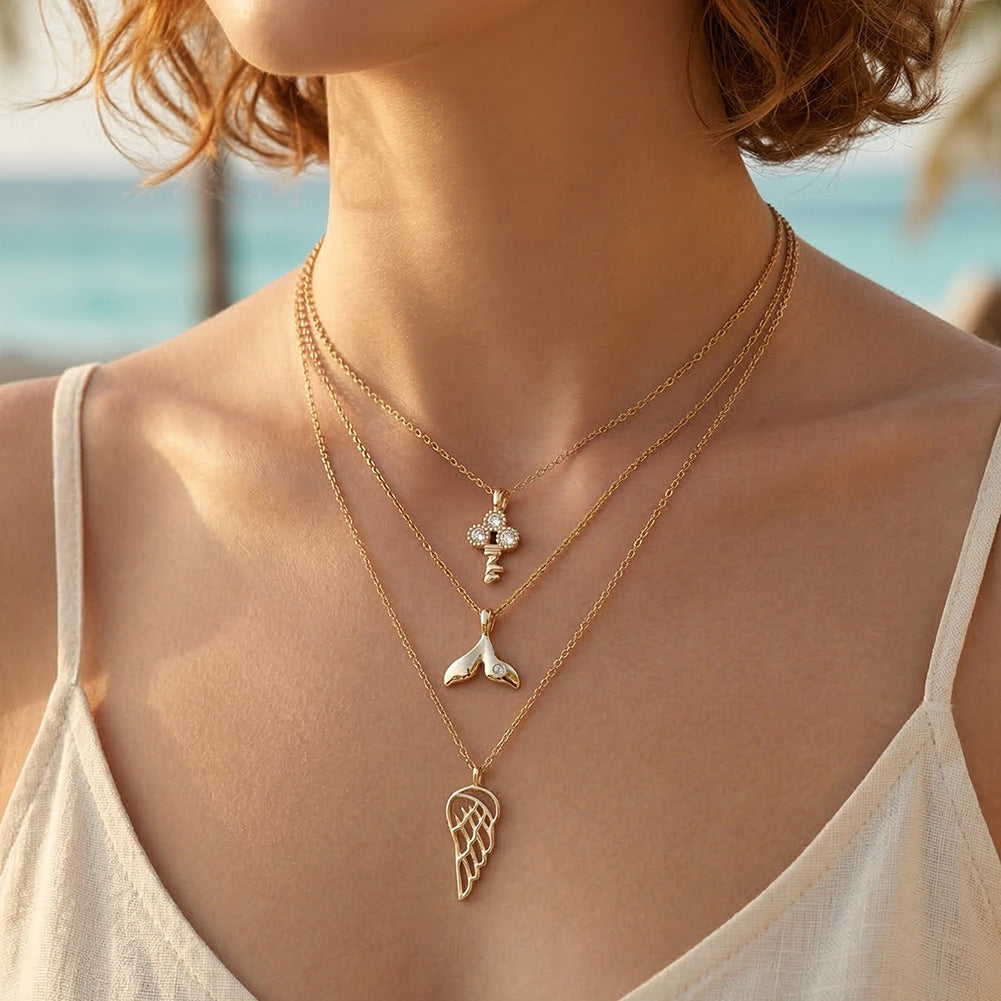 Gold Stainless Steel Twisted Key Pendant Necklace, Triple Round CZ Micro Pave Key Charm Cable Chain