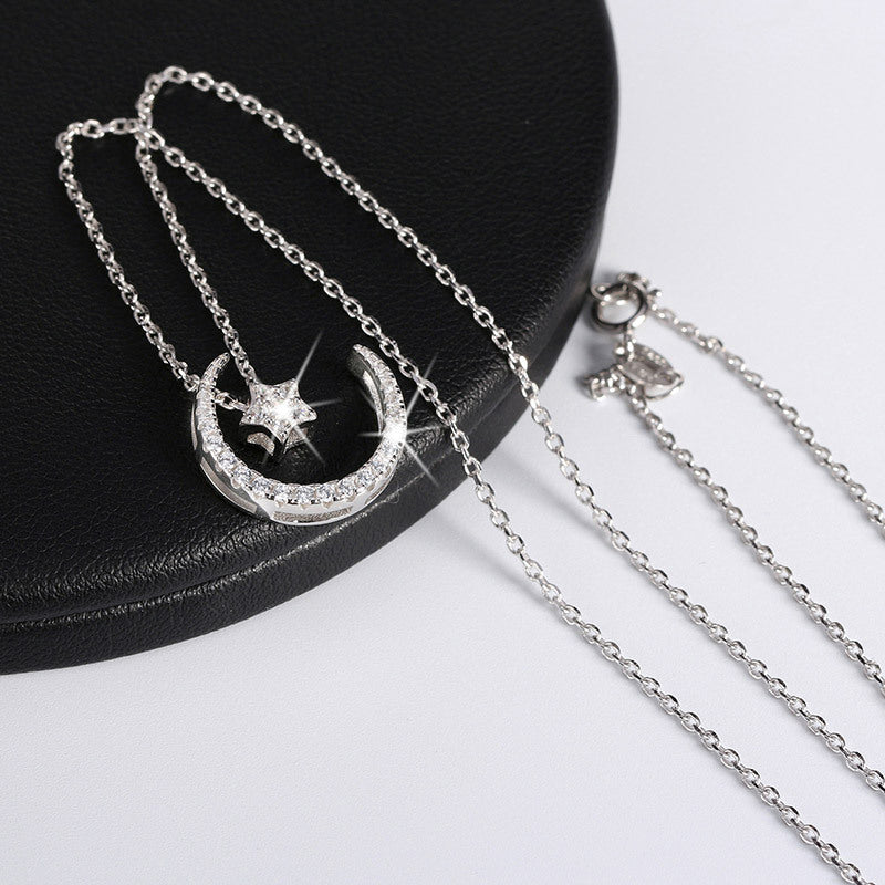 Silver Stainless Steel Moon and Star CZ Necklace, Pave Clear Cubic Zirconia Crescent Moon & Star Pendant Necklace