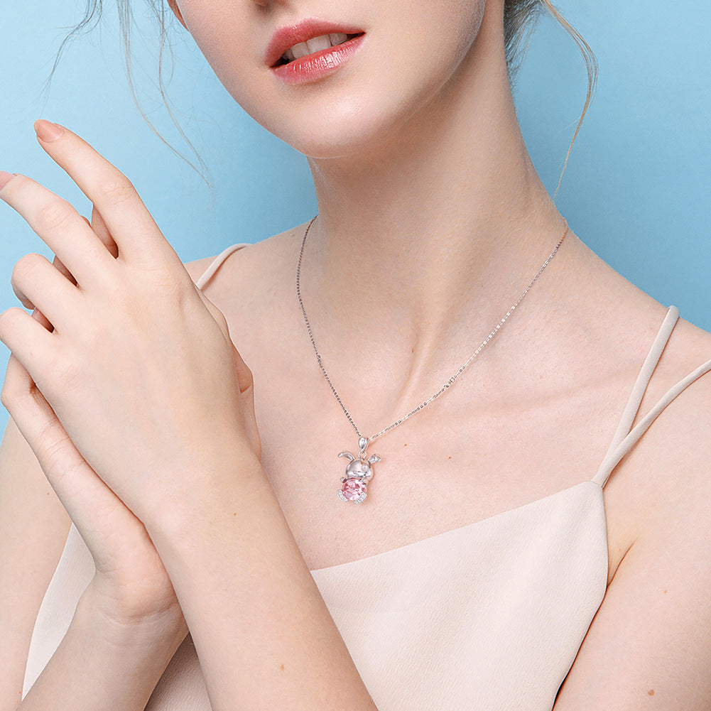 Silver Stainless Steel Cute Rabbit Pendant Necklace, Oval Pink CZ Inlaid Cartoon Bunny Charm Cable Chain