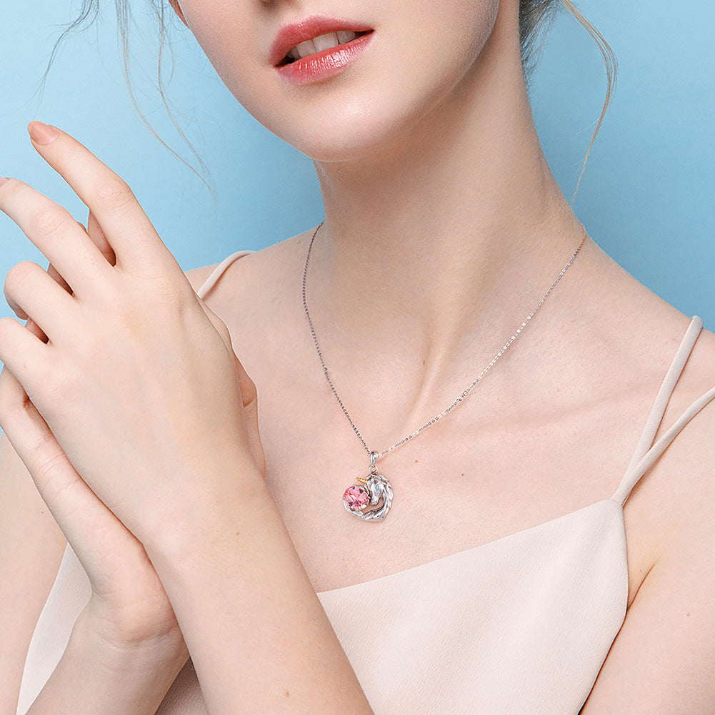 Silver Stainless Steel Unicorn Heart Pendant Necklace, Large Oval Pink CZ & Tiny Blue Accent Stone Unicorn Charm