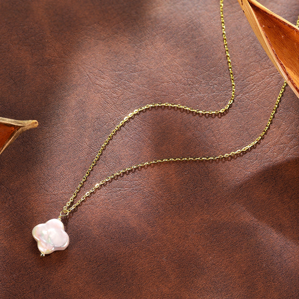 Four Leaf Clover Baroque Freshwater Pearl Pendant Necklace, Iridescent Organic Shape Pearl Charm Dainty S925 Silver Cable Chain