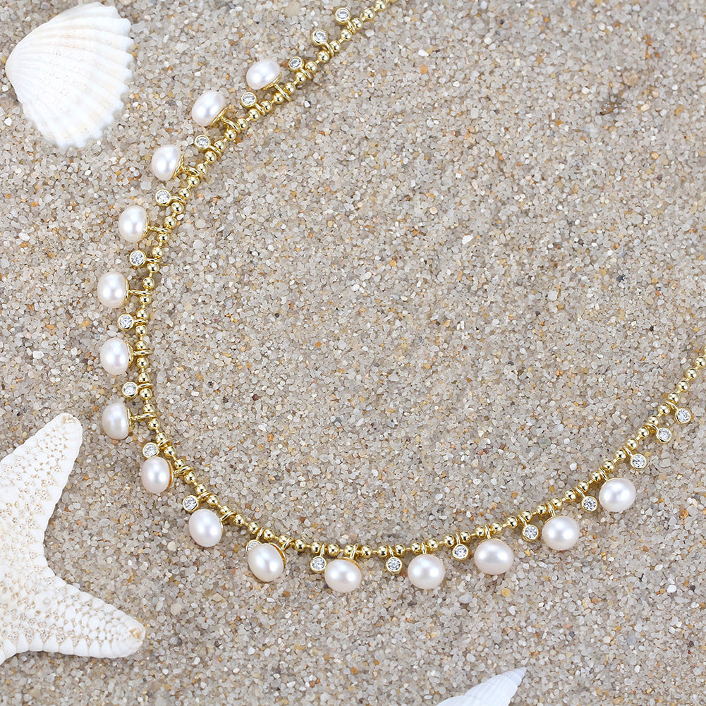 925 Sterling Silver Natural Pearl Necklace Fashion Jewelry Gift for Women Girls