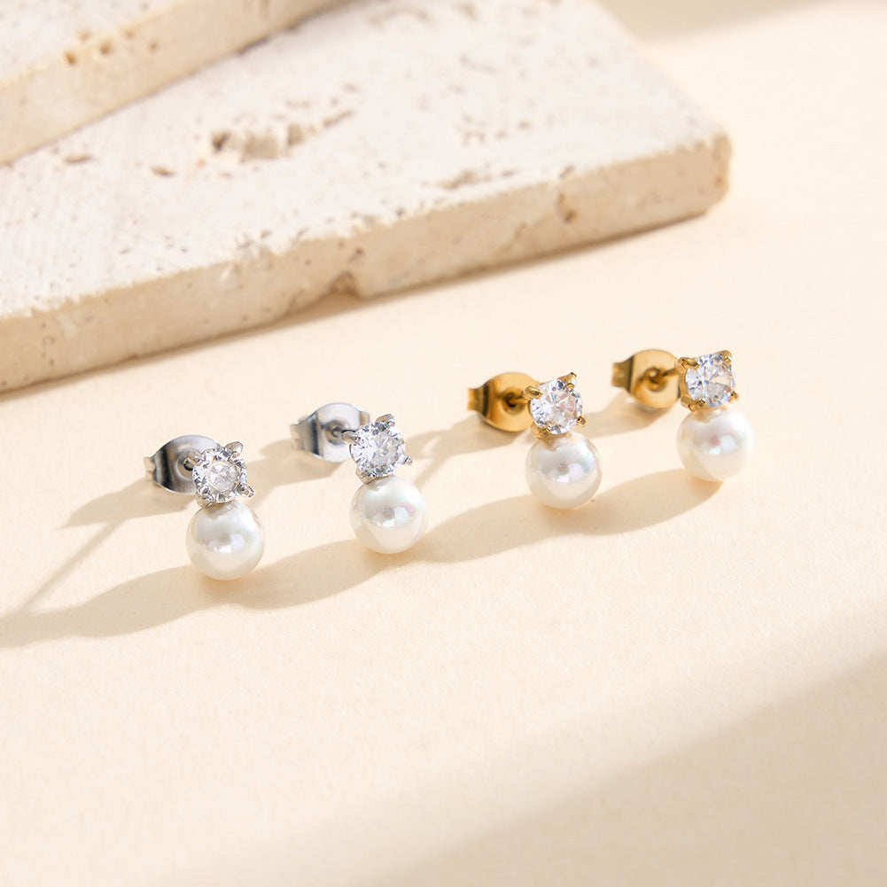 Silver Stainless Steel Solitaire CZ and Imitation Pearl Drop Stud Earrings