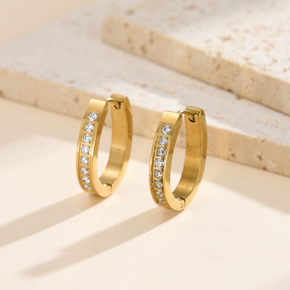 Gold Plated Stainless Steel Round CZ Paved Huggie Hoop Earrings