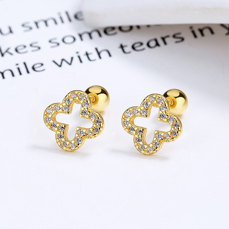 925 Sterling Silver Lucky Flower Screw Back Stud Earrings