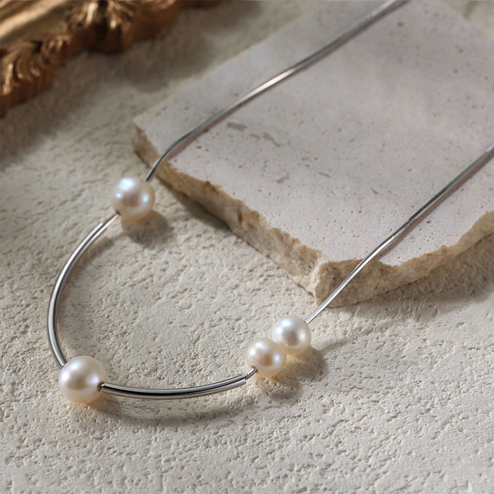 925 Sterling Silver Natural Pearl Necklace Fashion Jewelry Gift for Women Girls