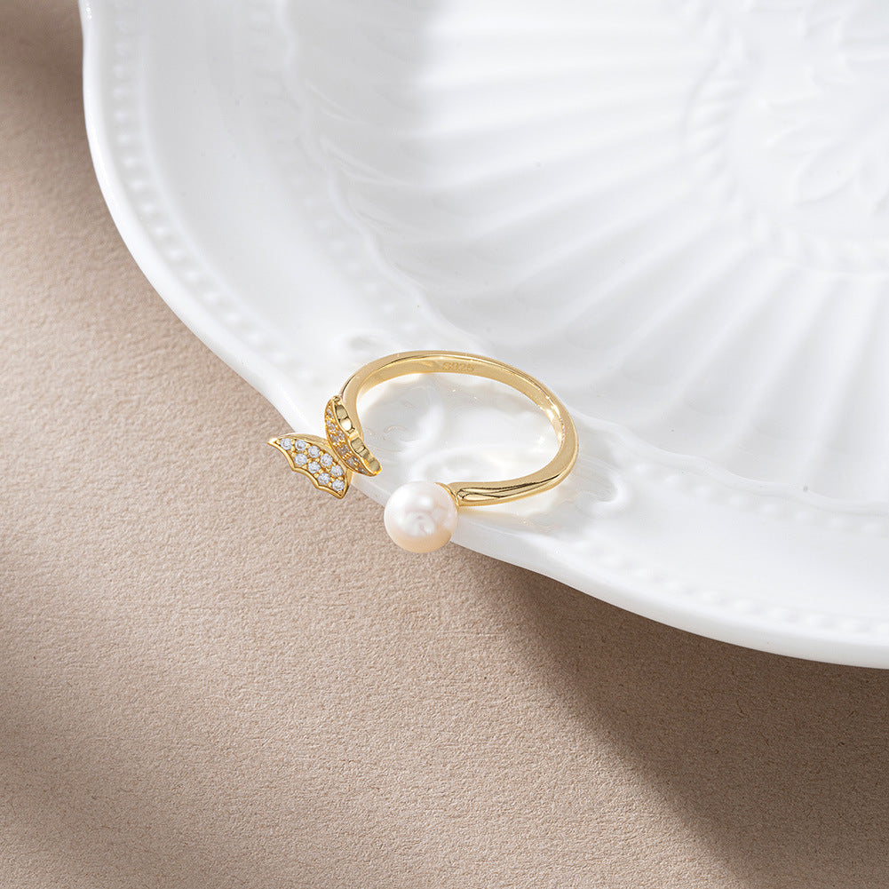 925 Sterling Silver Natural Pearl Ring Fashion Jewelry Gift for Women Girls