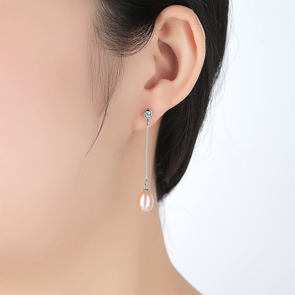925 Sterling Silver Natural Pearl Long Drop Earrings Fashion Jewelry Gift for Women Girls