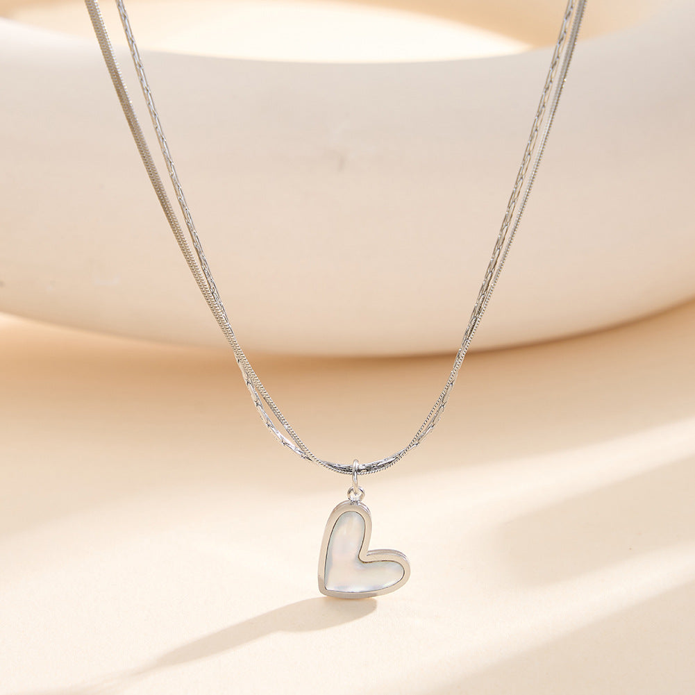Silver Stainless Steel Double Layered Heart Necklace, Herringbone & Paperclip Chain Stacked 3D Puffy Heart Pendant