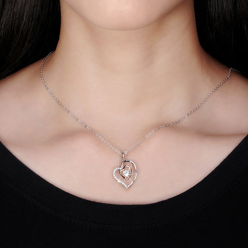 Two Tone Stainless Steel Interlocking Double Heart Pendant Necklace, Rose Gold Inner Heart With Center Round CZ & Pave CZ Accents Rolo Chain