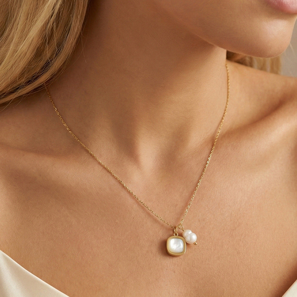 Gold Stainless Steel Dainty Square Pendant Necklace, Square White Mother of Pearl Charm with Baroque Pearl & Tiny Gold Ball Accent