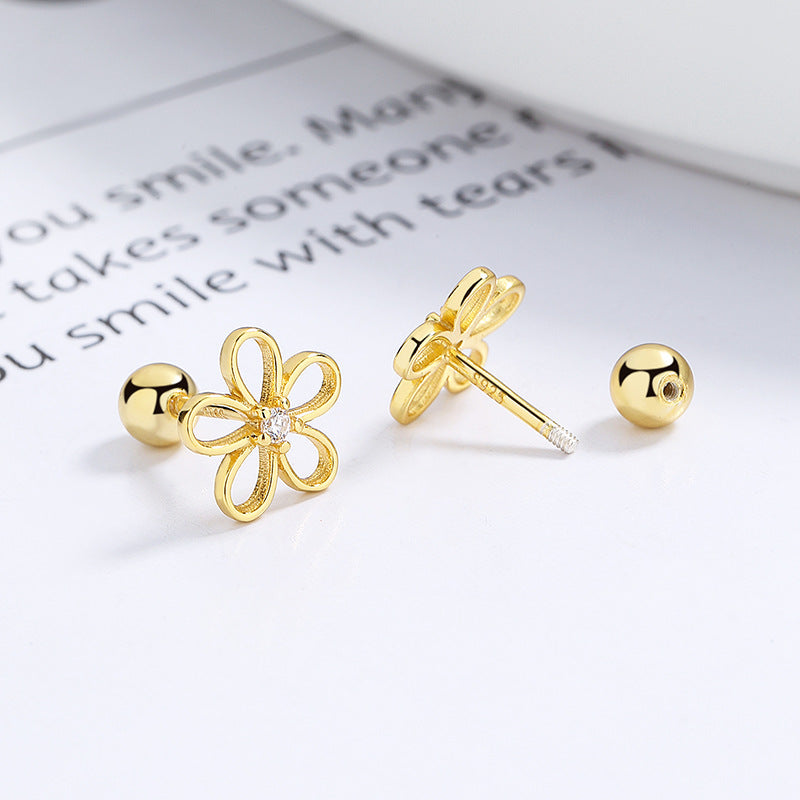 925 Sterling Silver Flower Screw Back Stud Earrings