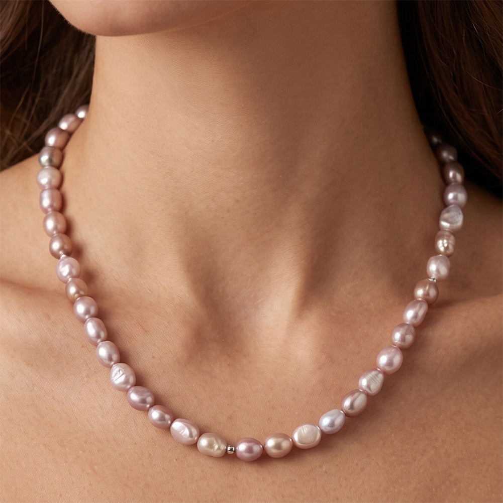 Soft Pink Iridescent Baroque Freshwater Pearl Full Strand Necklace, Pastel Pink Organic Shape Pearls S925 Silver Chain