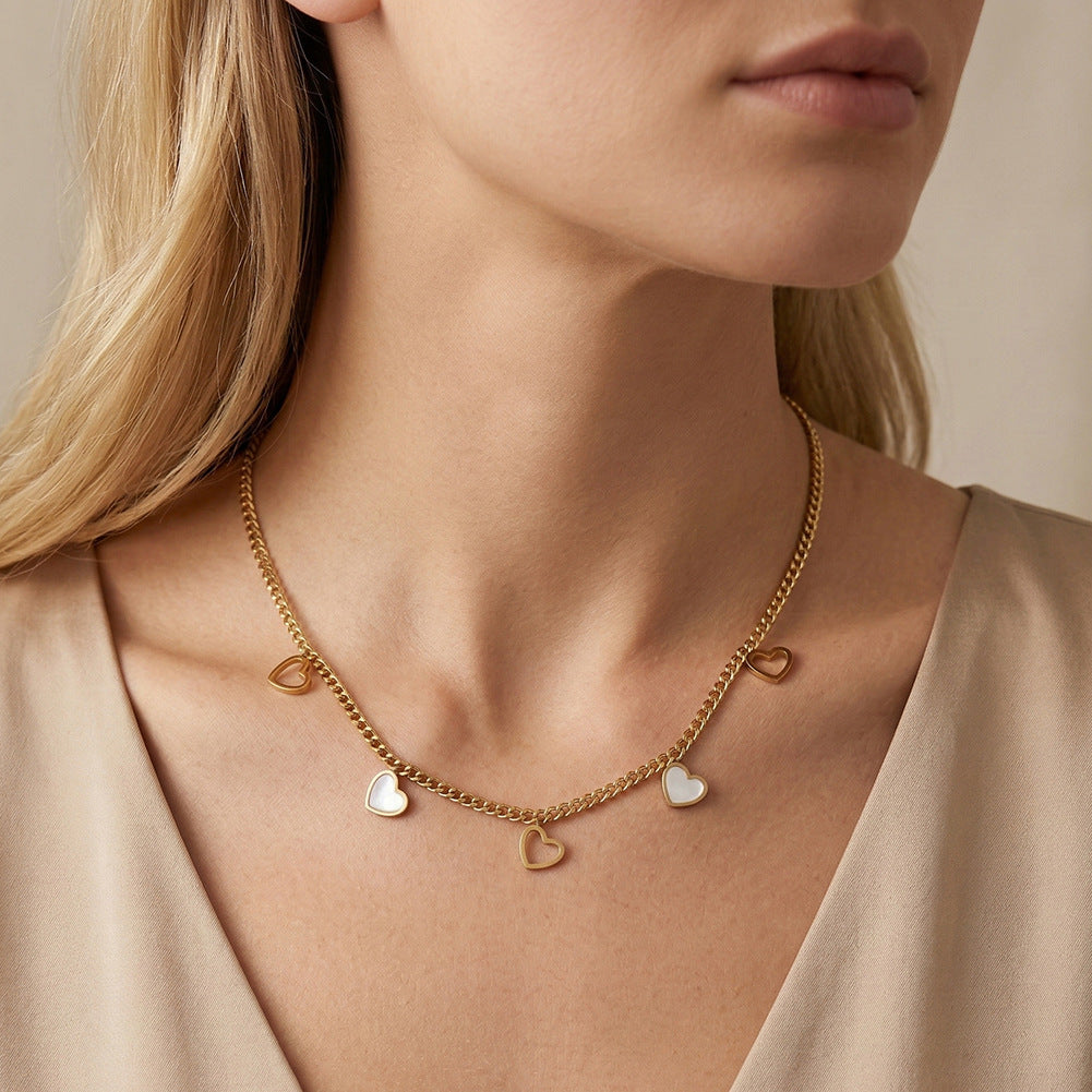 Gold Stainless Steel Heart Cuban Choker, Hollow Outline Heart and White Mother of Pearl Inlay Heart Drop Charms, Cuban Chain