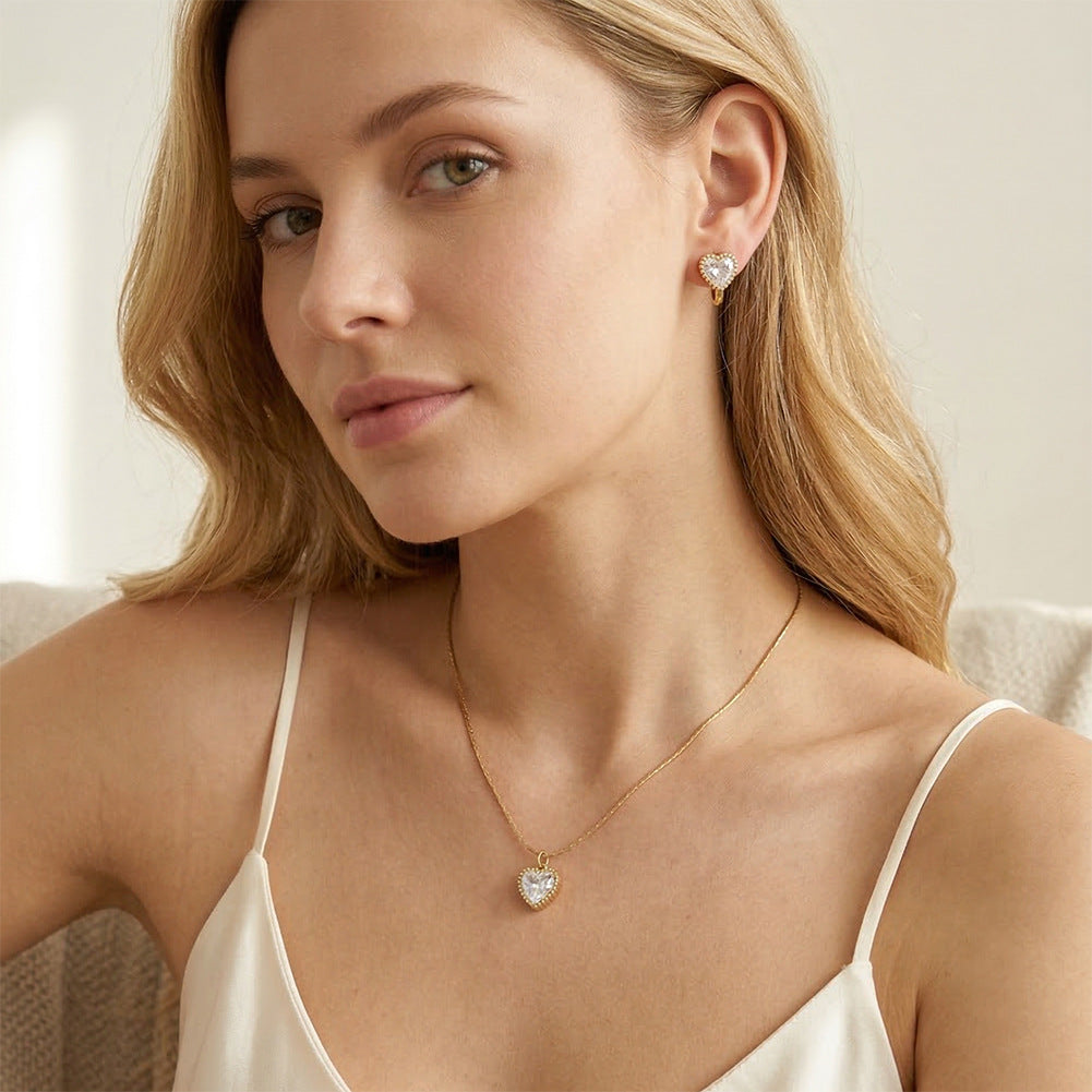 Gold Stainless Steel Bezel Heart CZ Necklace, Heart Shape Cubic Zirconia Surrounded by Tiny Beaded Frame, Thin Rectangle Link Chain