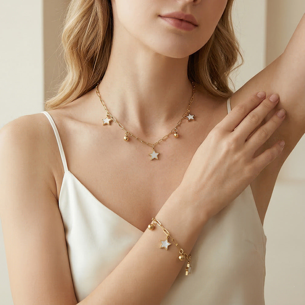 Gold Stainless Steel Paperclip Star Necklace, White Shell Inlay Star Pendants with Round Gold Ball Charms
