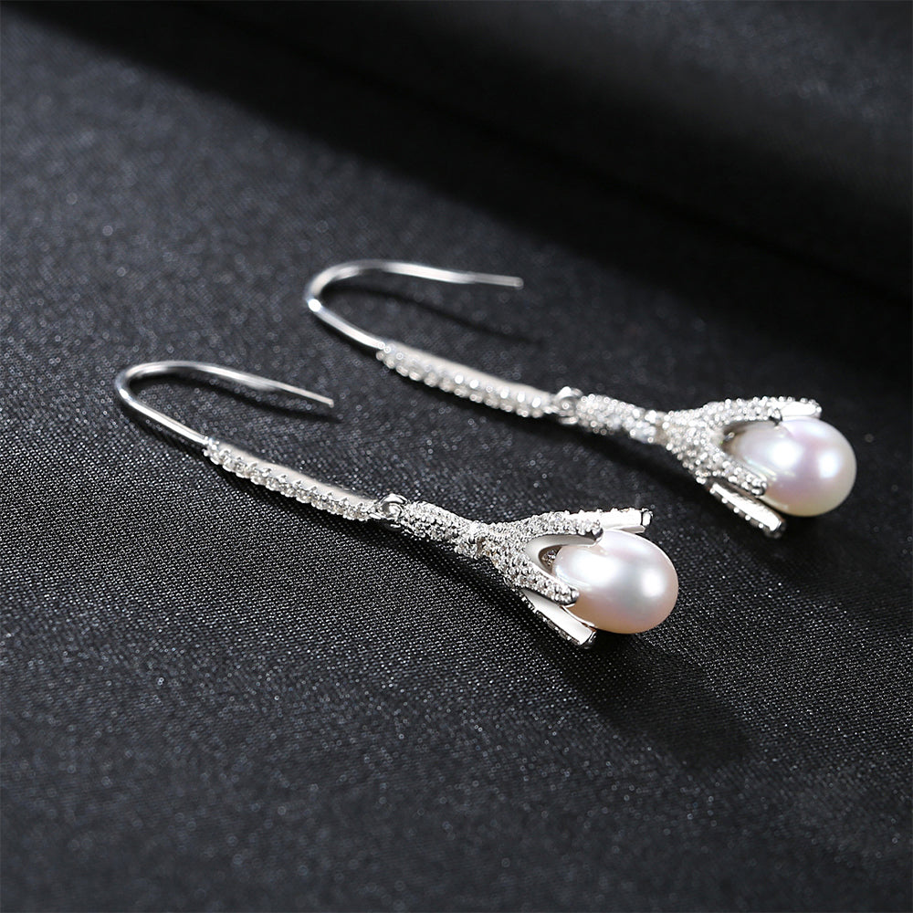 925 Sterling Silver Natural Pearl Drop Earrings Fashion Jewelry Gift for Women Girls