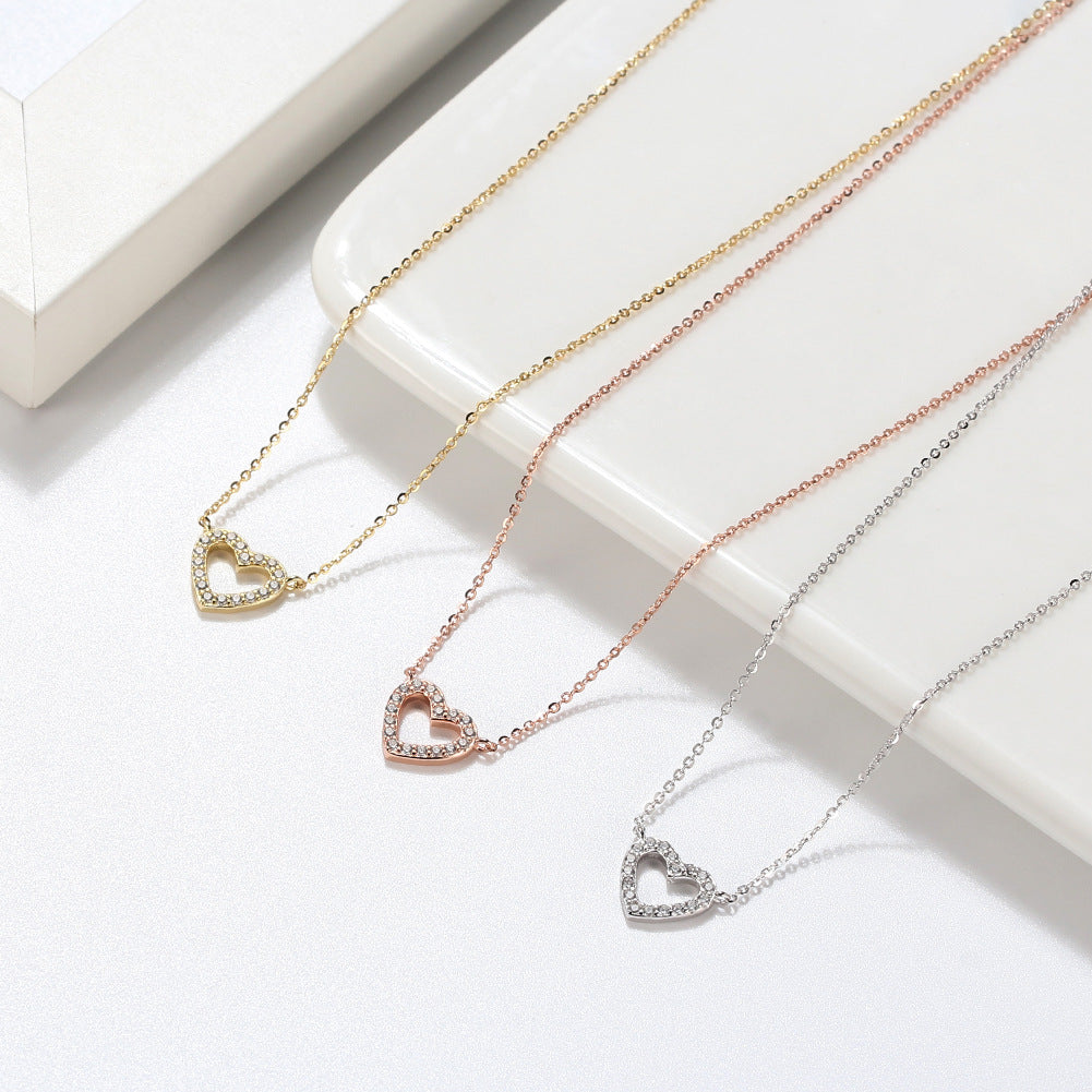 Gold Stainless Steel Open Hollow Heart CZ Necklace, Pave Clear Cubic Zirconia Outline Heart Pendant on Dainty Cable Chain