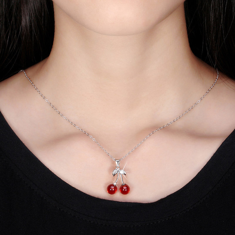 Silver Stainless Steel Red Cherry Pendant Necklace, Round Red Bead Cherry Charm With CZ Inlaid Leaf Details Cable Chain