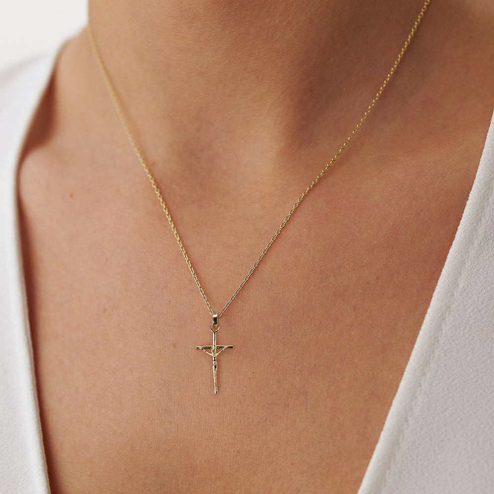 Gold Stainless Steel Textured Crucifix Pendant Necklace, 3D Jesus on Cross Cable Chain