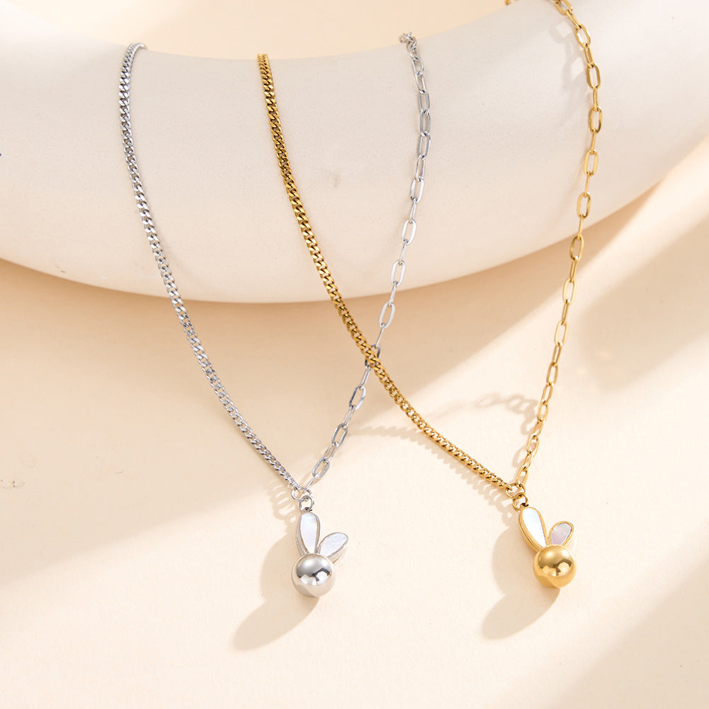 Gold Stainless Steel Bunny Ear Pendant Necklace, Shell Inlaid Rabbit Ear with Round Ball Mixed Link Chain