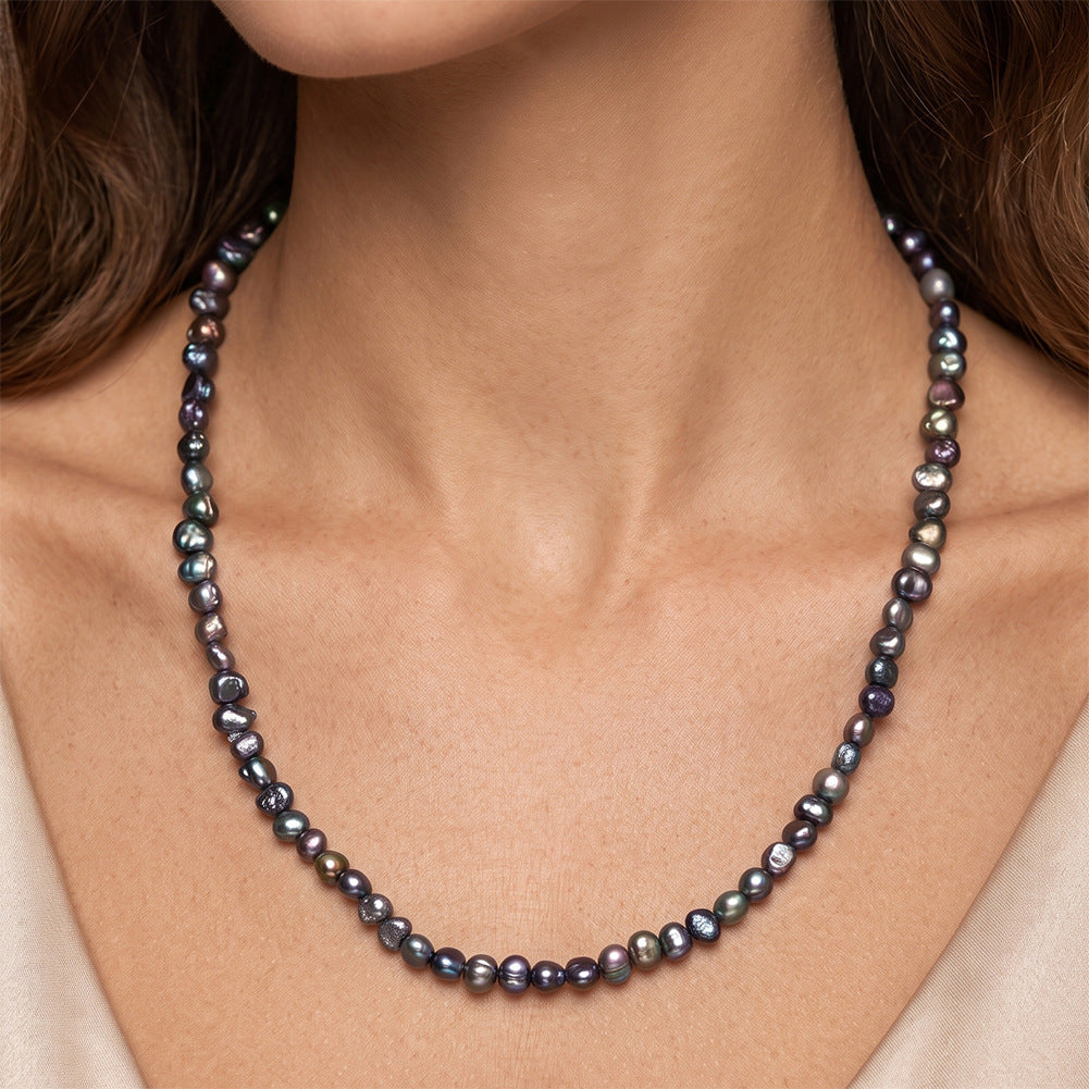 Dark Peacock Iridescent Baroque Freshwater Pearl Choker, Multicolor Dark Hued Organic Pearls Gold Plated Adjustable Chain