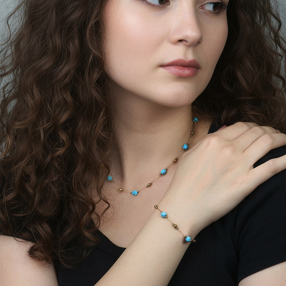 Gold Plated Stainless Steel Bracelet, Turquoise Faceted Beads & Gold Ball Bead Station Chain, Adjustable Extension