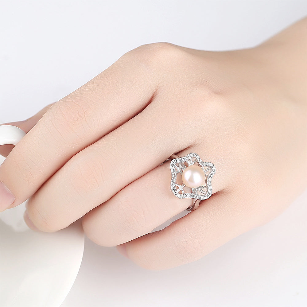 925 Sterling Silver Natural Pearl Ring Fashion Jewelry Gift for Women Girls