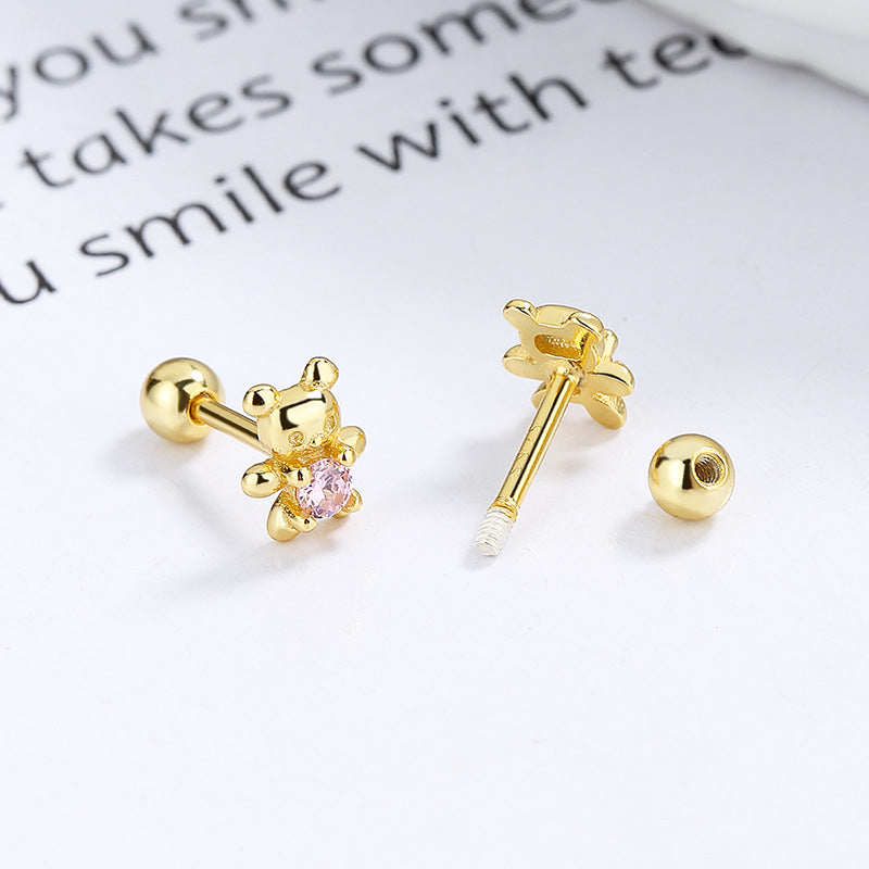 925 Sterling Silver Bear Screw Back Stud Earrings