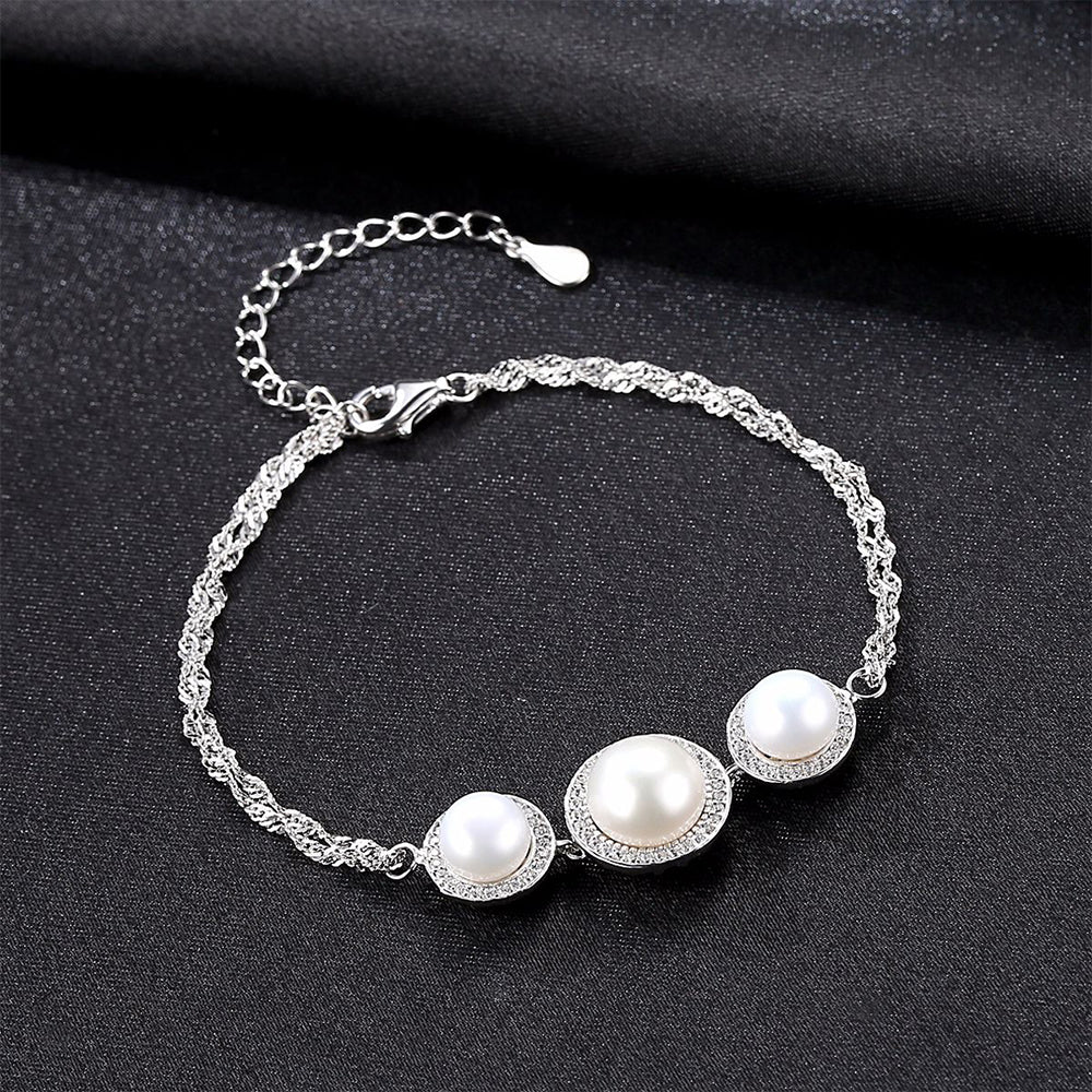 925 Sterling Silver Natural Pearl Bracelet Fashion Jewelry Gift for Women Girls