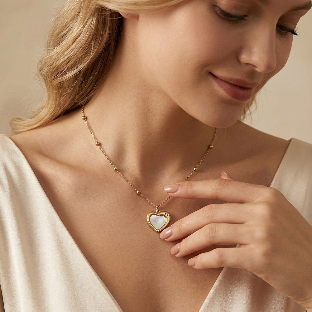 Gold Stainless Steel Heart Pendant Necklace, White Mother of Pearl Inlay Heart Charm with Single Clear CZ, Station Bead Rolo Chain