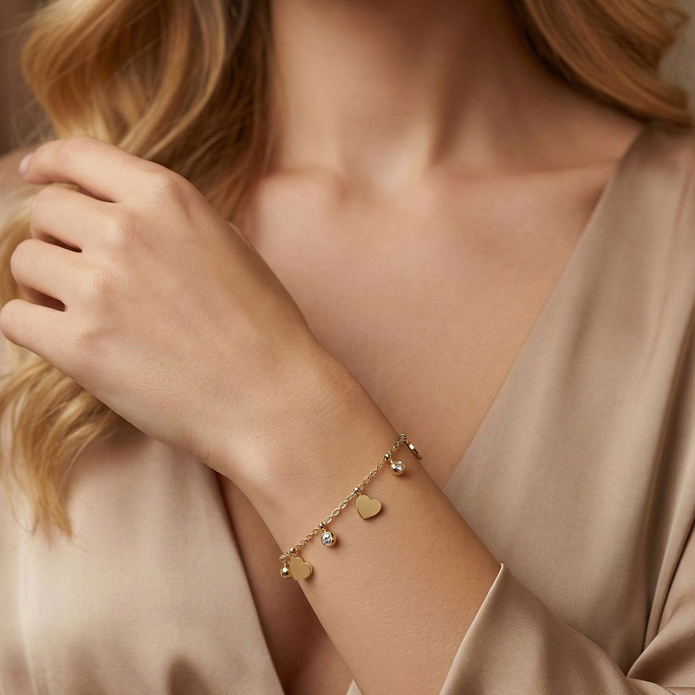 Gold Plated Stainless Steel Heart Charm Bracelet, 4 Flat Heart Pendants & 3 Bezel Round CZ Stones, Thin Cable Chain