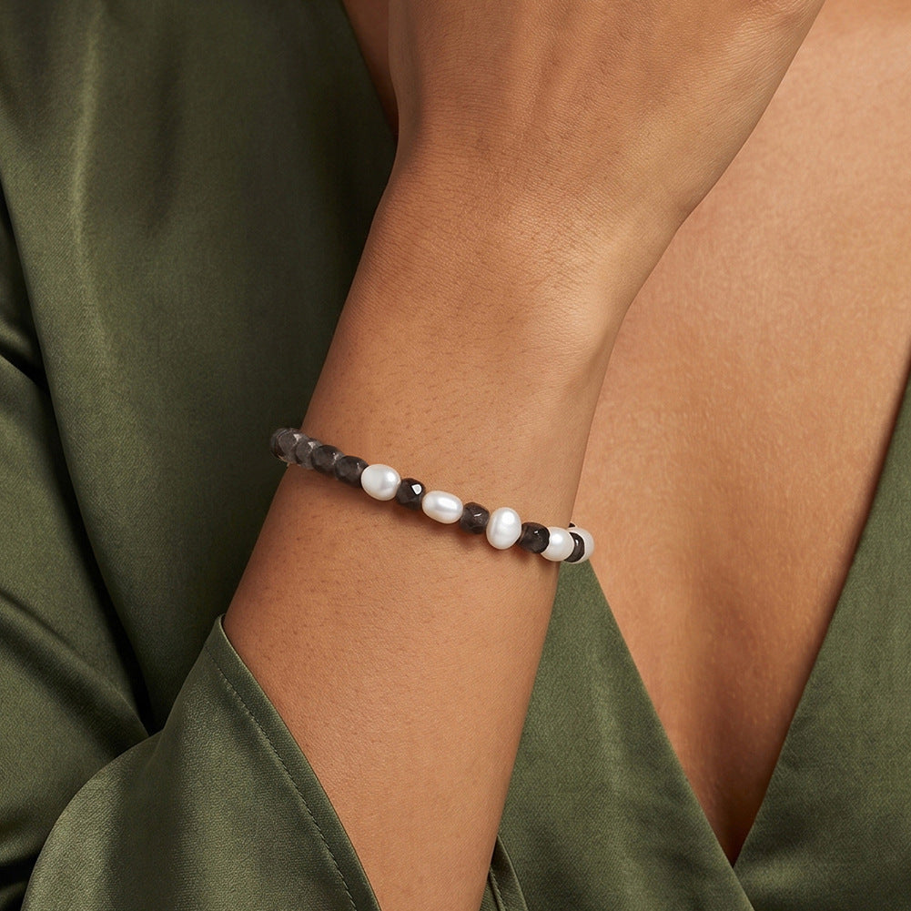 MPB26S925 Gold Plated Beaded Bracelet, Irregular Lustrous Freshwater Pearls paired with Smoky Quartz Faceted Beads, Adjustable Tassel Extension Chain