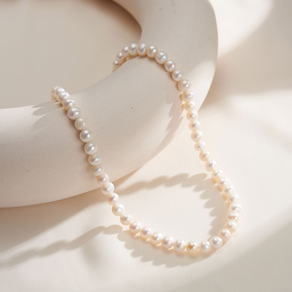 Lustrous White Irregular Potato Freshwater Pearl Choker Necklace, Full Strand Cultured Pearls S925 Gold Plated Adjustable Chain