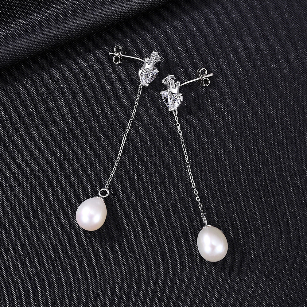 925 Sterling Silver Natural Pearl Long Drop Earrings Fashion Jewelry Gift for Women Girls