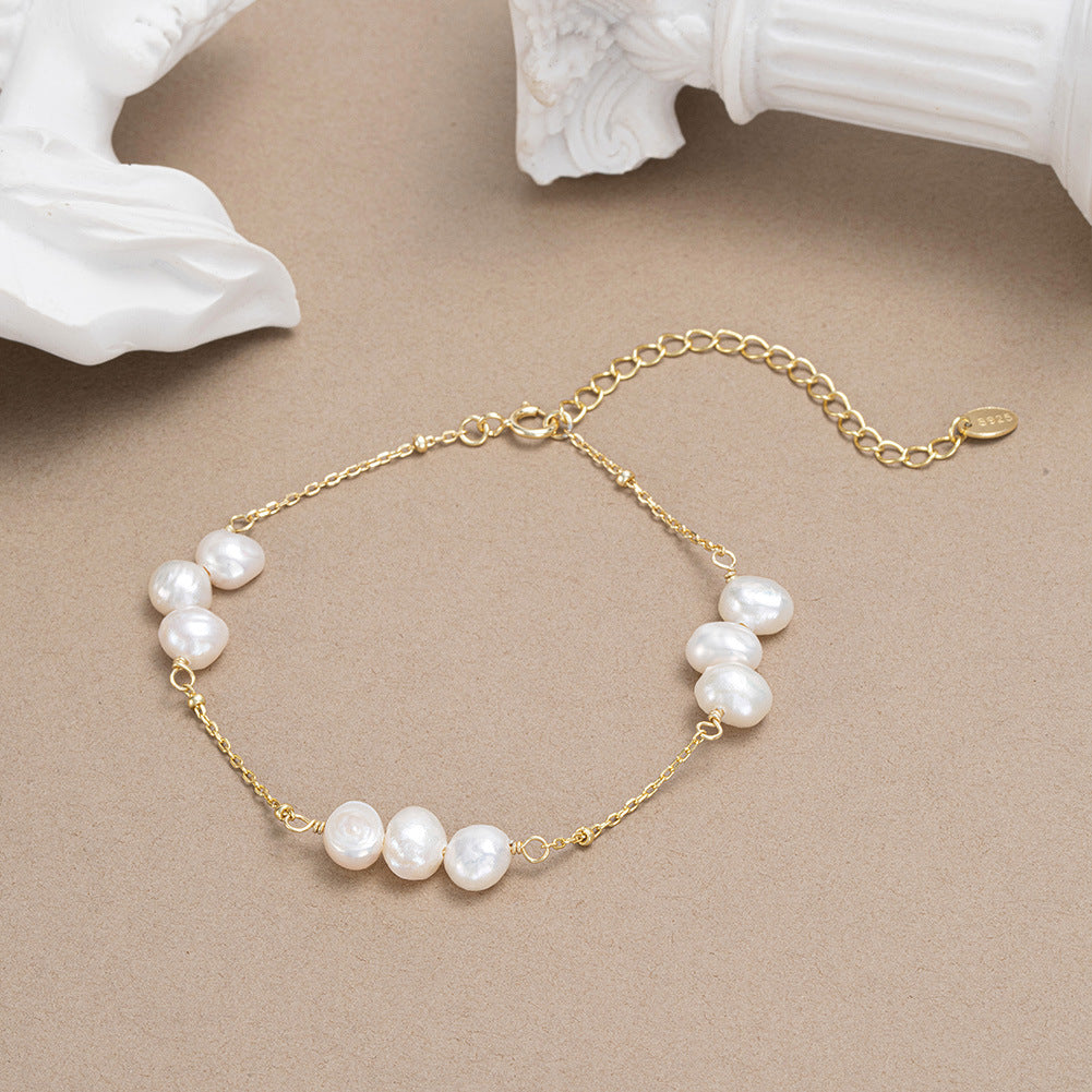 925 Sterling Silver Pearl Bracelet Fashion Jewelry Gift for Women Girls