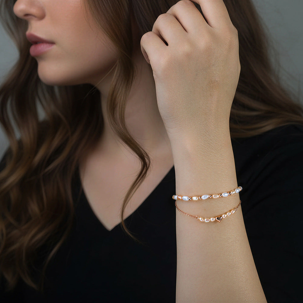 S925 Sterling Silver Beaded Bracelet, Mixed White & Peach Oval Rice Freshwater Pearls with Silver Metal Spacers, Adjustable Extension Chain