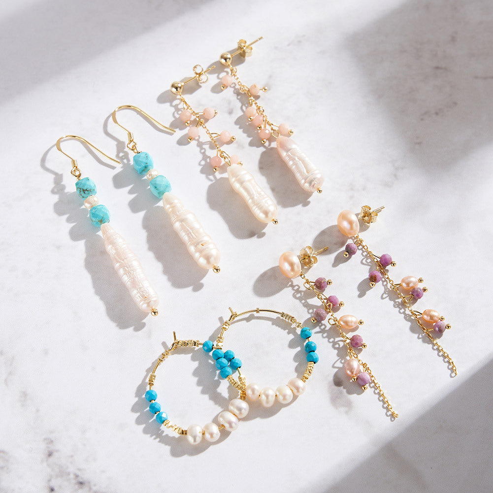 Gold Stud Dangle Earrings, Pink Jade Vine Branch Chain & Large Elongated Baroque Freshwater Pearl, Elegant Long Taper Pearl Tassel Earrings