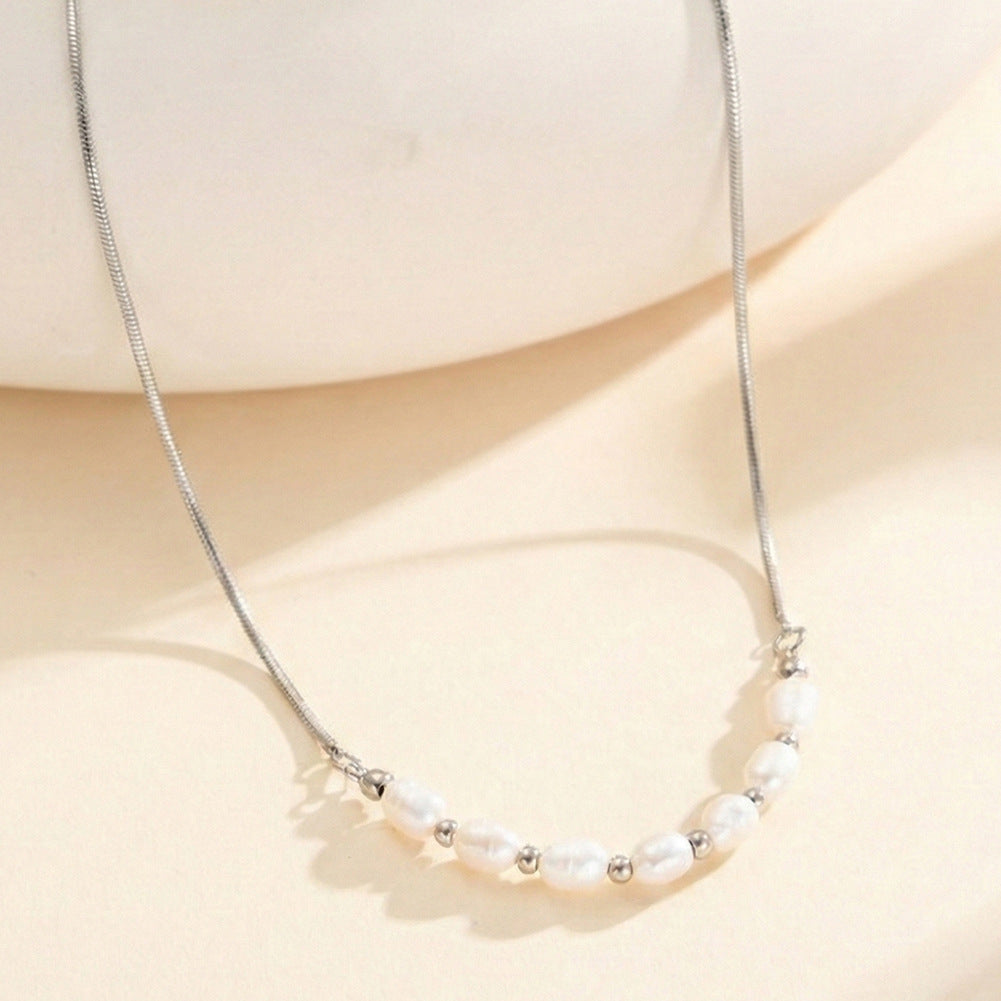 Gold Stainless Steel Baroque Pearl Choker Necklace, Snake Chain With Rice Pearl & Tiny Gold Bead Station Necklace