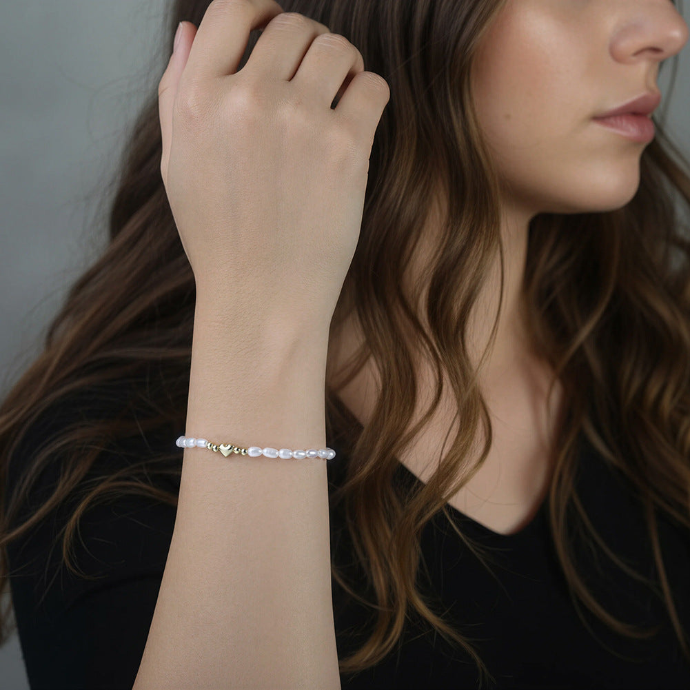 S925 Sterling Silver Beaded Bracelet, White Baroque Rice Freshwater Pearls with 3D Heart Accent, Adjustable Extension Chain