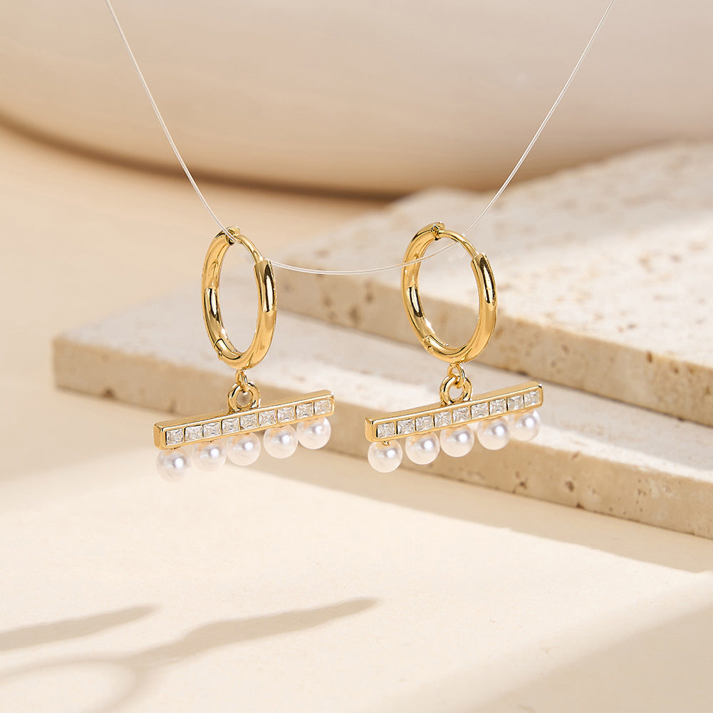 Gold Plated Stainless Steel Horizontal Bar CZ & Pearl Drop Huggie Hoop Earrings