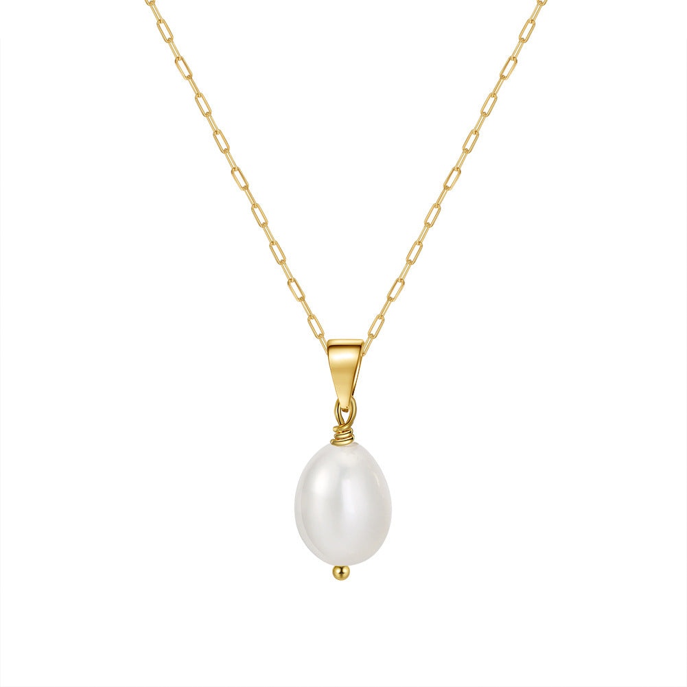 Silver Paperclip Chain Necklace, Single Teardrop Lustrous Freshwater Pearl Wire Wrapped Solitaire Pendant