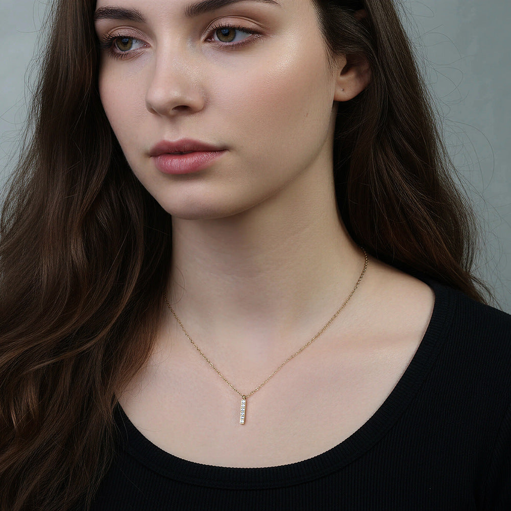 Gold Stainless Steel Vertical Bar CZ Pendant Necklace, 6 Round Cubic Zirconia Inlaid Rectangle Bar Cable Chain