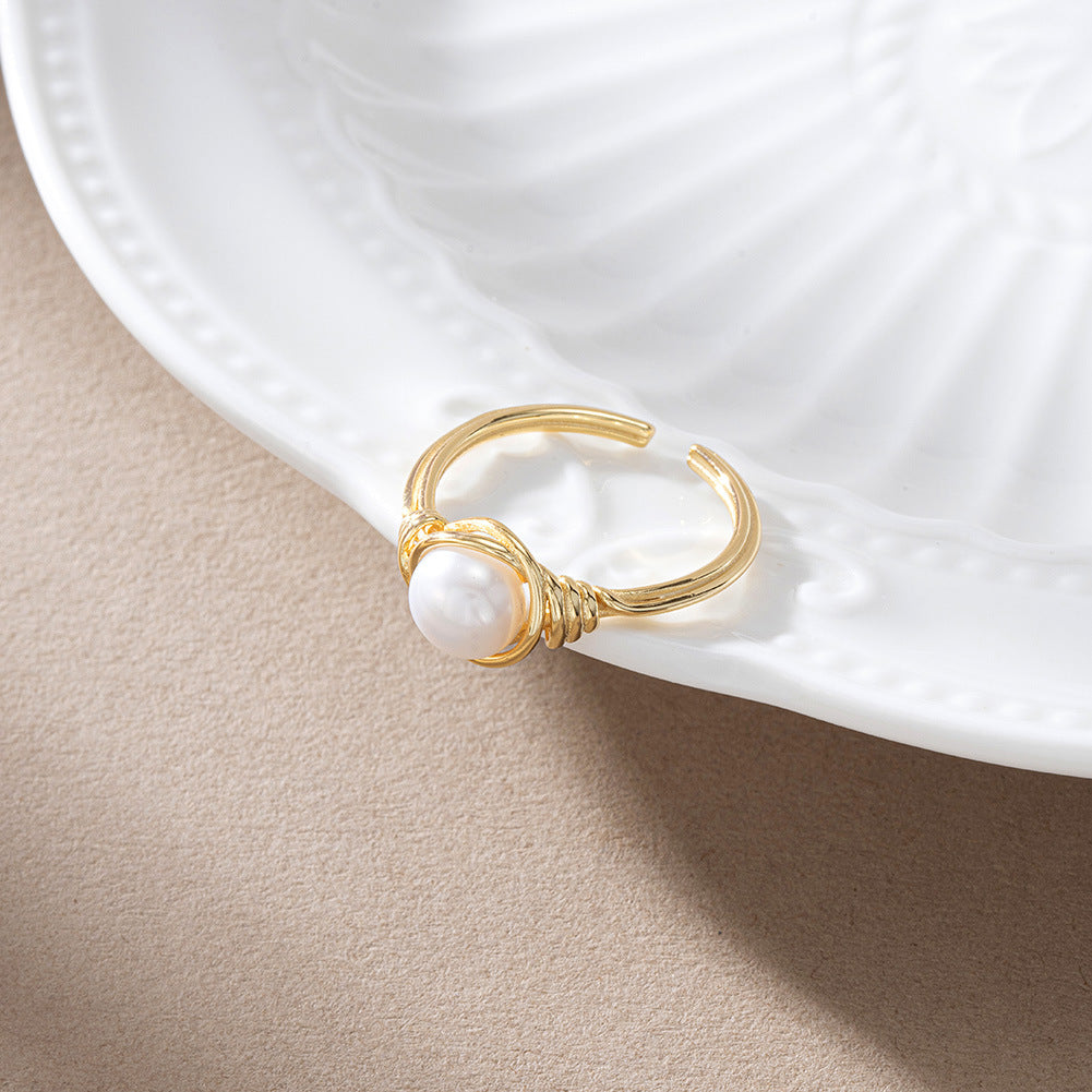 925 Sterling Silver Natural Pearl Ring Fashion Jewelry Gift for Women Girls